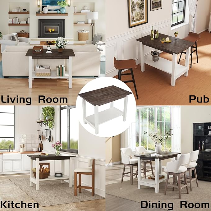 47.25" Dining Table for 2 4 6 Rectangular Solid Wood High Top Table, Rustic Dining Room Table with Open Shelves for Kitchen, Living Room, Home Office, Brown Brush and White