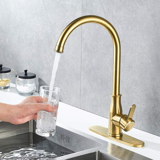 Brushed Gold Kitchen Faucet ,Modern High Arc Bar Sink Faucet ,Commercial Stainless Steel Kitchen Sink Faucet One Hole with Deck (Brushed Gold)