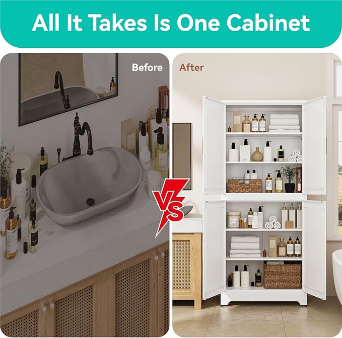 75" H Metal Storage Cabinet,31.5" Wide by 15.8" Deep Pantry Cabinet with 2 Adjustable Shelves,Farmhouse Cabinet for Bathroom Living Room Dining Room Kitchen,White