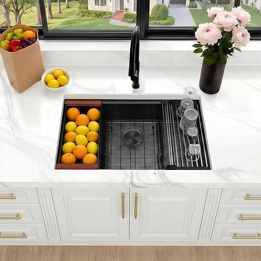 33x19 Inch Black Undermount Kitchen Sink, 16 Gauge 304 Stainless Steel Single Bowl Kitchen Sink, Workstation Sink with Accessories, 33x19x9 Large Deep Basin
