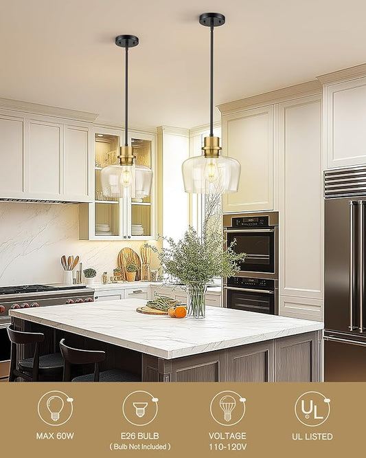 Emak 10 Inch Large Glass Pendant Lights Kitchen Island, Black and Gold Pendant Light Fixtures, Modern Farmhouse Island Lights for Kitchen, Dining Room, Bathroom, PL126-BKBGD-CG