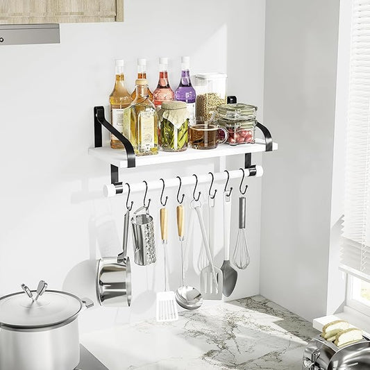 Love-KANKEI Floating Shelf Wall Shelf for Storage Rustic Wood Kitchen Spice Rack with Towel Bar and 8 Removable Hooks for Organize Cooking Utensils or Mugs White