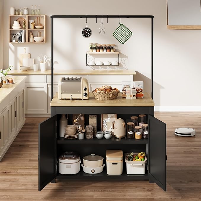 GarveeHome Kitchen Island with Storage 42 in - Heavy Duty Kitchen Cart, Mobile Kitchen Island with 2-Tier Shelves & 5 Hooks, Solid Wood Countertop for Small Spaces (Black & Natural)