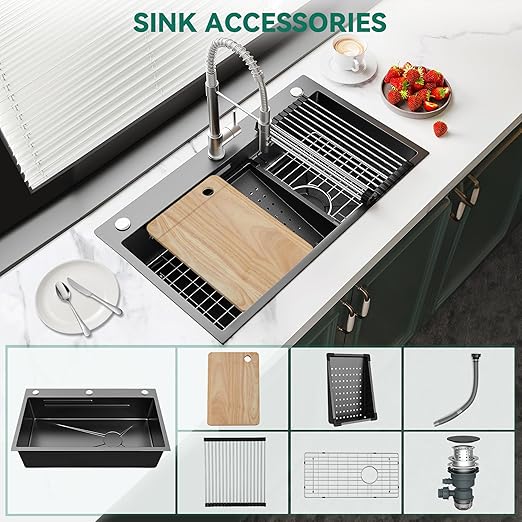 YITAHOME Kitchen Sink Gunmetal Black Stainless Steel Drop-In Sinks, Top Mount Single Bowl Basin with Accessories, Household Nano Sinks for Workstation, RV, Prep Kitchen, and Bar Sink, 32 x 18 x 10in