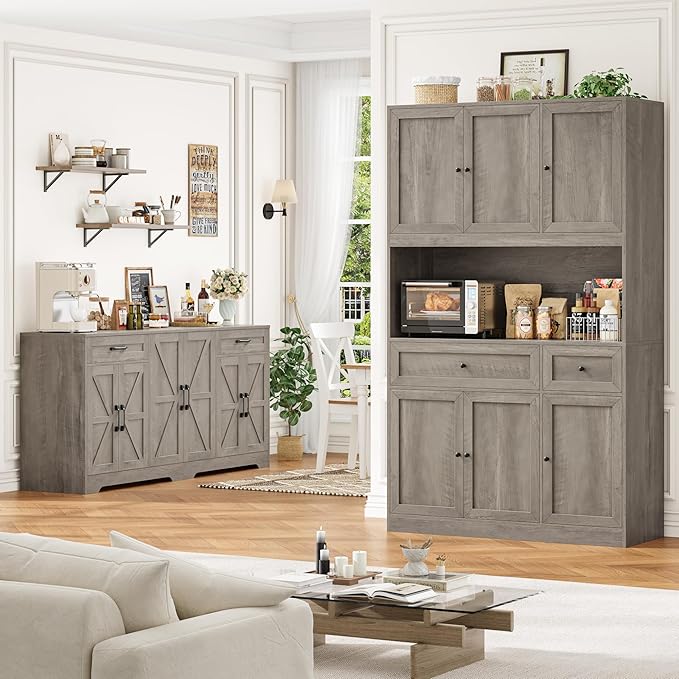 BOTLOG 2PCS Kitchen Cabinets, 71” Large Sideboard Buffet Cabinet with Storage, 72" Tall Pantry Cabinet with Microwave Stand, Wood Coffee Wine Bar Console Table for Kitchen, Dining Room (Ash Gray)