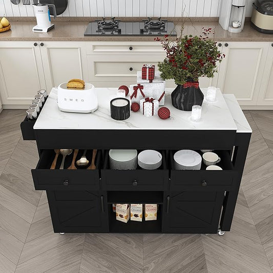 GOWE 74.8" Kitchen Island with Extendable Dining Table, Marble Veneer Top & Built-in Power Outlet - Mobile Storage Cart with 3 Drawers & Cabinet, Rolling Kitchen Cart for Dining Room, Black