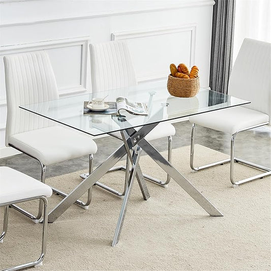 Glass Dining Table for 4 People, 51.2 Inches Rectangular Glass Kitchen Table with Silver Steel Legs, Modern Dining Room Table for Dinner Kitchen Dining Room