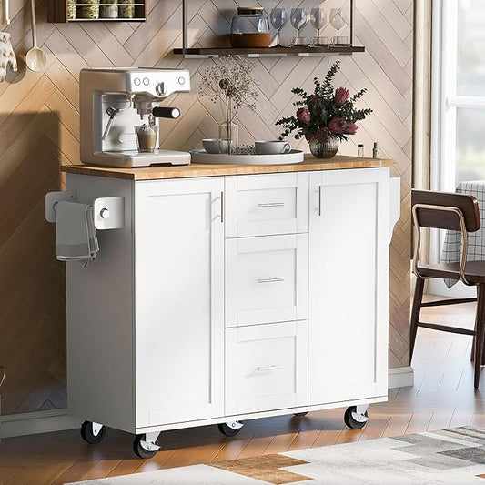 RUNNA Rolling Kitchen Island with Storage, White09, 3 Drawer, 2 Slide-Out Shelf, Internal Storage Rack, Kitchen Cart on Wheels with Spice Rack & Tower Rack