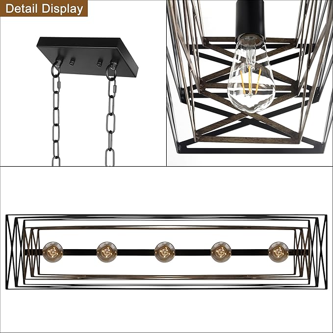Sigaitwei 33.5''Farmhouse Dining Room Light Fixture,5-Light Kitchen Island Lighting,Industrial Chandelier for Dining Room Over Table Kitchen,Large Linear Chandelier with Retro Wood Texture Interior