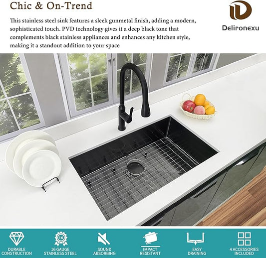 32 Inch Black Kitchen Sink Undermount - Delironexu Undermount Kitchen Sink Black, 16 Gauge Stainless Steel Sinks Single Bowl, 32''x19'' black Stainless Steel sink with 4 Accessories
