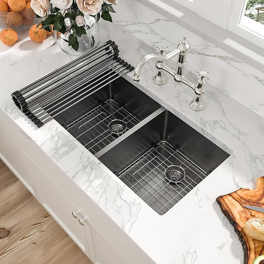 Sarlai 33 Inch Black Undermount Kitchen Sink Double bowl- 33x19 Undermount Double Bowl Kitchen Sink Gunmetal Black Stainless Steel 16 Gauge Sink 50/50 Under Counter Sinks Basin with Accessories