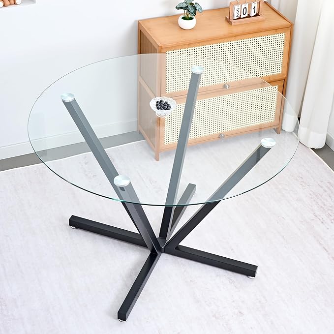 Round Dining Table for 4 6 People, 45.3" Modern Glass Kitchen Table, Circle Black Dinner Table with 0.32" Thick Tempered Glass Top and Metal Legs, Glass Dining Room Furniture for Kitchen Living Room