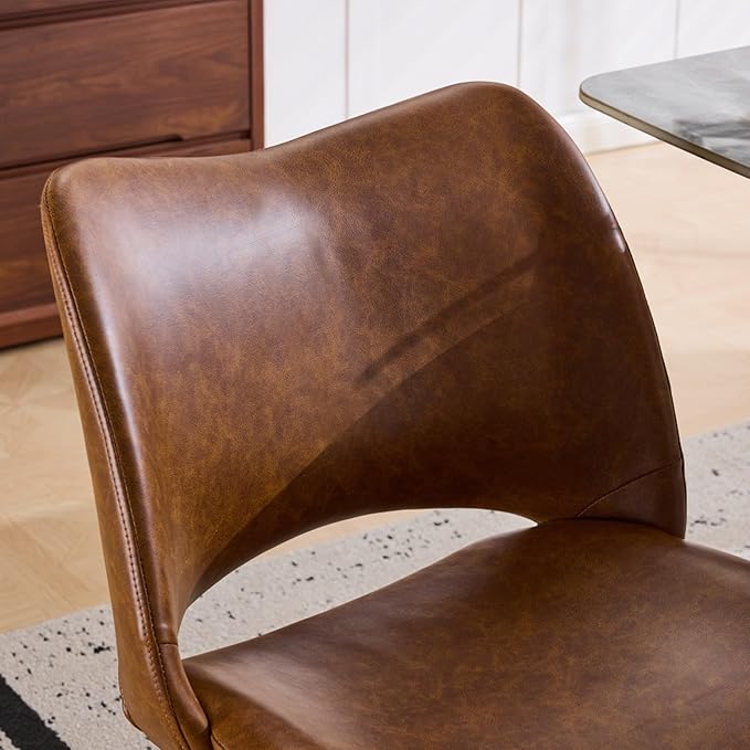 Swivel Dining Chair Upholstered Faux Leather Accent Seat with Curved High Back, Cushioned Foam Padding, Metal and Wood Support, Modern Armless Vanity Desk Chair for Kitchen Island, Dining Room (Brown)