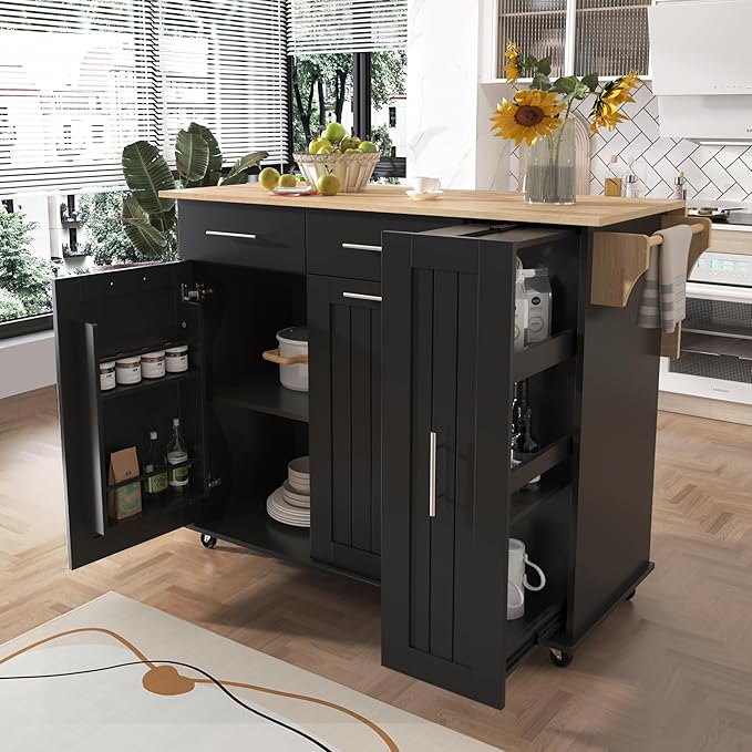 YOPTO 46" Kitchen Island with Drop Leaf,Dining Storage Cart W/ 3 Tier Pull Out Cabinet Organizer & Internal Storage Rack,Rolling Cart on Wheels W/Towel Rack & 2 Drawers,for Kitchen,Black