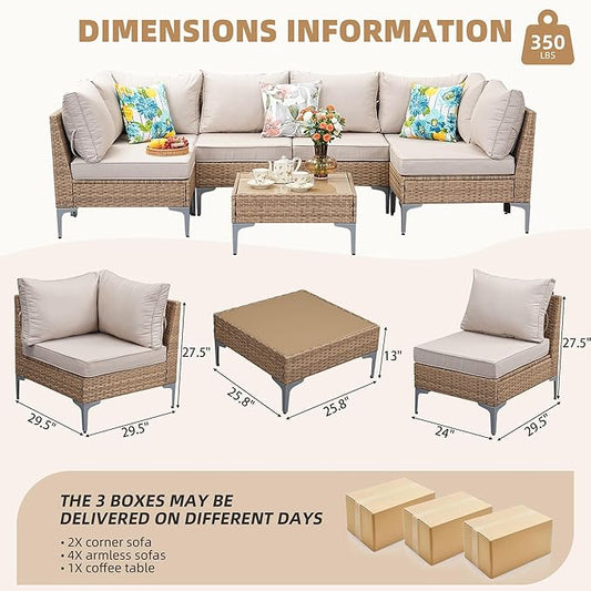 7-Piece Patio Furniture Set, Outdoor Wicker Sectional Sofa with Coffee Table, Anti-Slip & Thick All-Weather Cushions for Party,Garden,Backyard, Beige