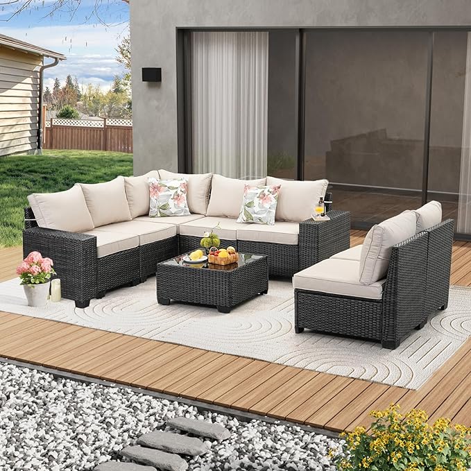 JOYURE 8 Pieces Patio Furniture Set All-Weather Outdoor Wicker Sectional Conversation Sofa Rattan Patio Seating Sofa with Cushion and Glass Table for Porch Poolside,Beige