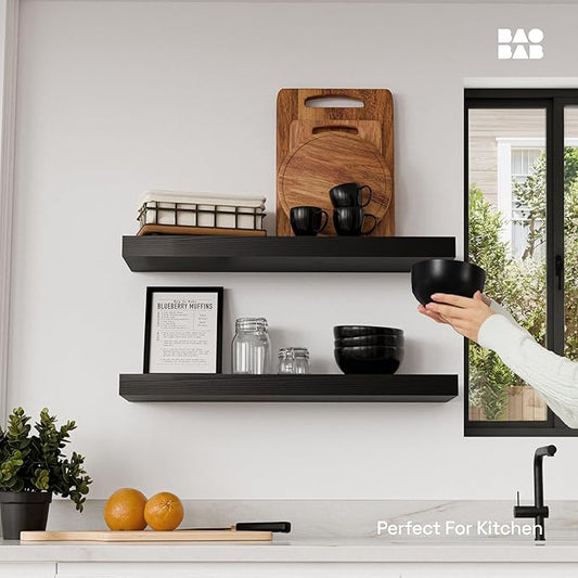 BAOBAB WORKSHOP Wood Floating Shelves for Bathroom Wall - Black Shelf 24 inch - Solid Wood Shelves for Wall for Bedroom Kitchen Living Room - Black Floating Shelves - 24 x 6.7 Inch, Set of 2