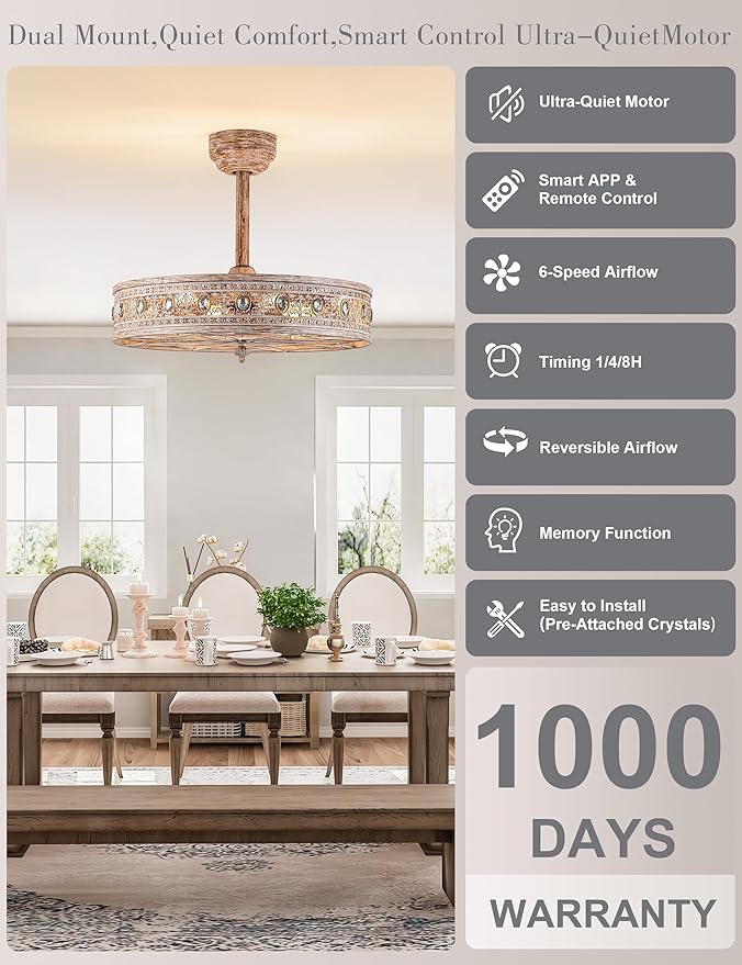 24 Inch Chandelier Ceiling Fan with Light,24" Rustic Farmhouse Caged Bladeless Fandelier,Enclosed Cottage Country Cabin Crystal Light Fixture,Hanging/Flush Mount for Bedroom,Dining Room,Living Room