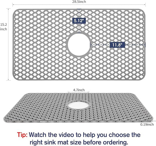 Snuggery Silicone Sink Protector 28.5"x15.2" Center Drain Hole, Heat Resistant Non-slip Dishwasher Suitable, Large Mat for Bottom of Farmhouse Kitchen Stainless Steel Sink