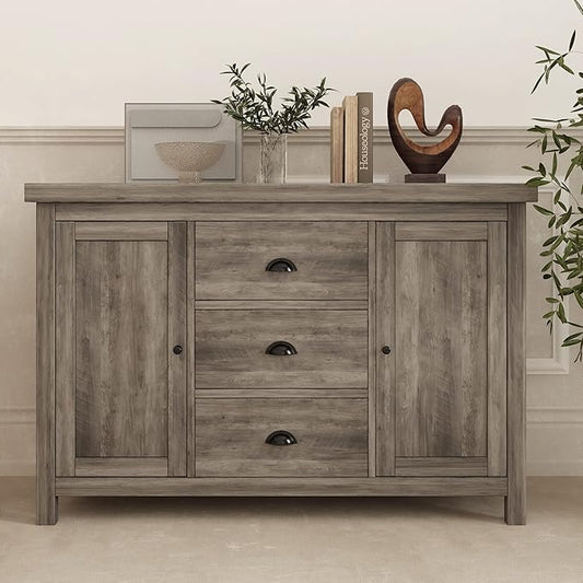 Kitchen Sideboard Cabinet Buffet with Heavy Duty Wooden Structure, 3 Drawers and 2 Doors with Ample Storage Space in Gray