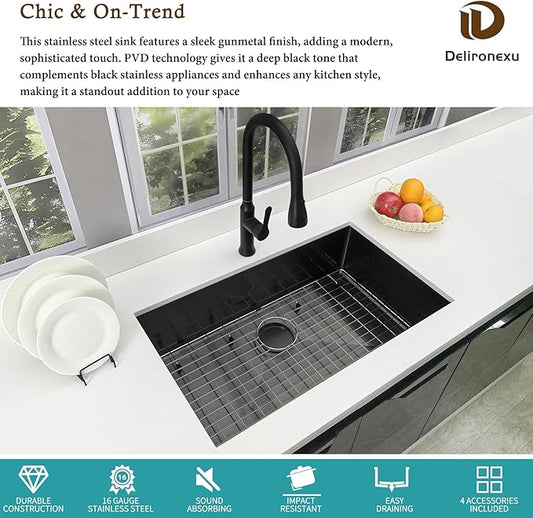 32 Inch Black Kitchen Sink Undermount - Delironexu Undermount Kitchen Sink Black, 16 Gauge Stainless Steel kitchen Sinks Single Bowl, 32''x18'' black Stainless Steel sink with 4 Accessories