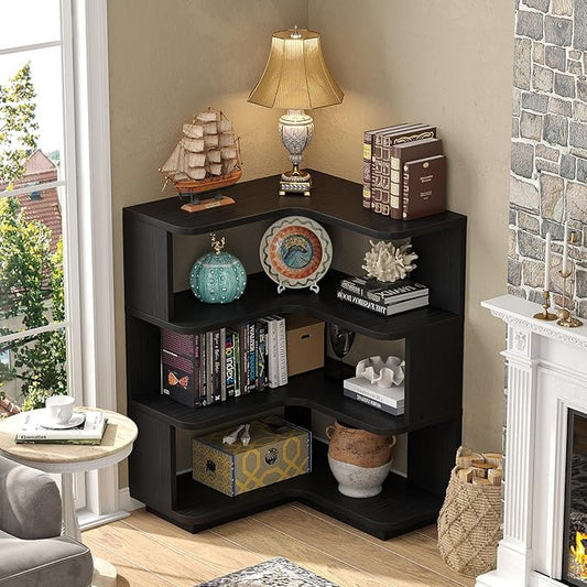 Armocity Corner Book Shelf - 4 Tier Corner Bookshelf Etagere Bookcase with Baffle, Freestanding L Shaped Display Shelf Stand for Home Office, Living Room, Bedroom, Kitchen, Black