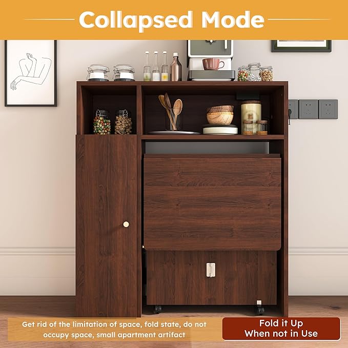 Multifunctional Convertible Folding Dining Table with Integrated Sideboard Storage Cabinet Power Outlets USB Ports Drop Leaf Expandable Rolling Kitchen Island Workspace Console Desk Hutch (Walnut)