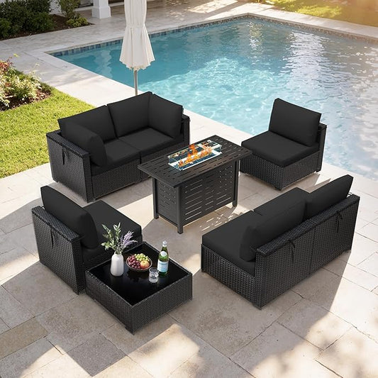 Patio Furniture Set 7 Pieces Conversation Set Wicker Outdoor Sectional Sofa,Ergonomic Armrests Couch with Cushion and Glass Table (Black-Black, 8 Piece-Fire Table)