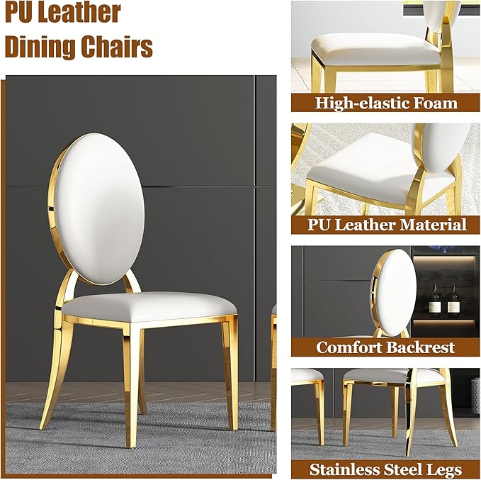 7-Piece Modern Luxury Dining Table Set, 70" Black Tempered Glass Kitchen Table with Gold Polished Stainless Steel U-Shaped Pedestal Base and 6 White PU Leather Chairs, for Dining Room and Kitchen