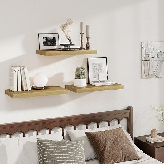 Fun Memories 24 x 12 Inch Deep Floating Shelves, 12 Inch Deep Rustic Wooden Book Shelf, Extra Deeper & Thicker Hanging Shelves for Living Room, Bathroom, Bedroom, Kitchen, Office, Set of 3 (Oak)