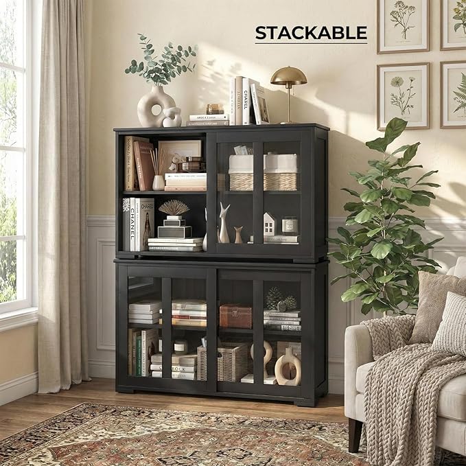 NAFORT Wooden Buffet Cabinet Sideboard with Sliding Doors, Kitchen Storage Console Table, Accent Coffee Bar with Adjustable Shelf for Living Room, Dining Room (Black, 13" D x 42" W x 24.5" H)