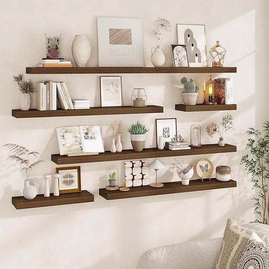 Fun Memories 55 Inch Fireplace Mantel - Long Floating Shelf, Wall Mounted Farmhouse Display with Invisible Heavy Duty Metal Bracket, 2 Pack, Walnut