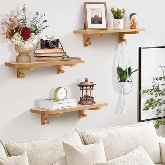 Wooden Floating Shelves for Wall, 15.7" W x 6" D x 0.6" H Large Wall Shelves, Hanging Storage Shelf with Hooks for Living Room, Kitchen, Bathroom, Bedroom Decor, Natural, 3 Packs