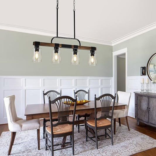 Farmhouse Dining Room Light Fixtures Over Table,Rustic Ceiling Pendant Lights Kitchen Island,4-Light Wood Kitchen Island Lighting Linear Chandelier with Clear Glass lampshade
