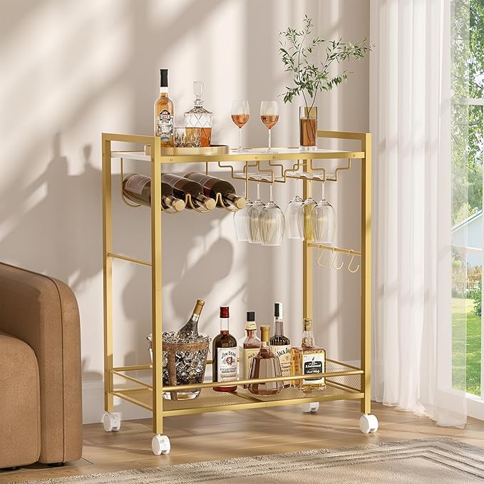 Joaxswe Bar Cart, Home Bar Serving Cart with 2-Tier Shelf,Rolling Beverage Cart with Wheels,Mobile Kitchen Shelf,Modern Wine Drink Cart with Wine Rack and Glass Holder for Kitchen,Dinning Room,Gold