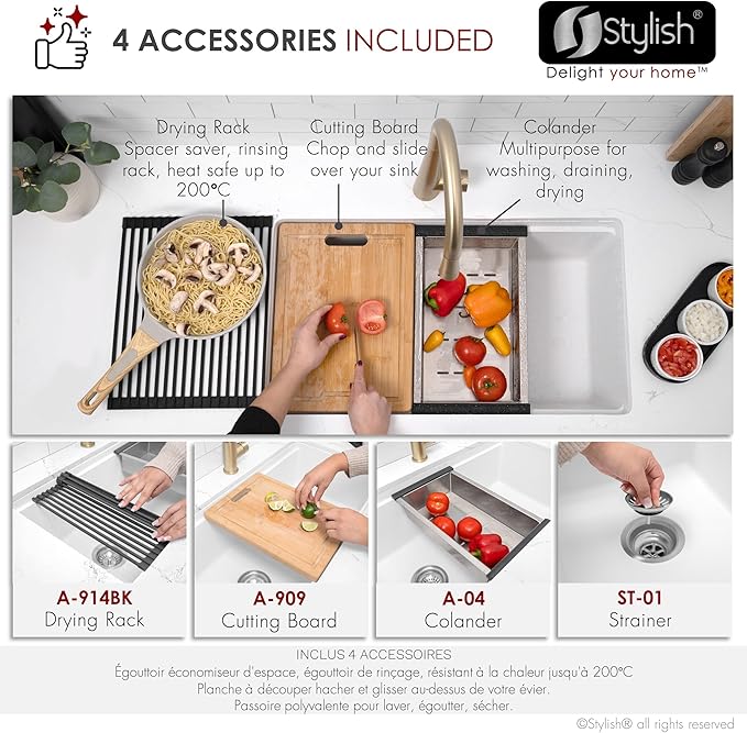 Stylish 28 x 18 Inch Composite Granite Workstation Kitchen Sink, Single Bowl Under Mount & Drop in, 9.5 in Deep, with Bamboo Cutting Board, Roll-Up Drying Rack, Colander & Strainer, White, S-828WH