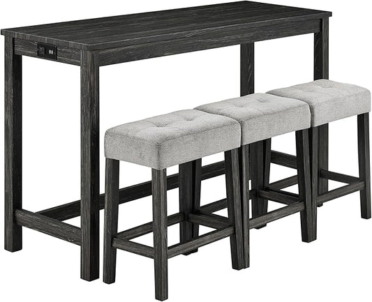 LKTART 4 Piece Bar Table Set Dining Bar Table and Chairs Set with Power Outlet Industrial Breakfast Table with 3 Padded Stools Rustic Bar Kitchen Dinning Room Living Room Black Grey