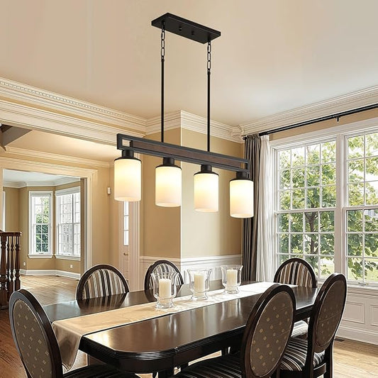 Farmhouse Dining Room Light Fixture, 4-Light Wood Kitchen Island Lighting for Dining Room Over Table, Black Adjustable Pendant Light with Milk Glass Shades, Linear Chandeliers Lighting for Kitchen
