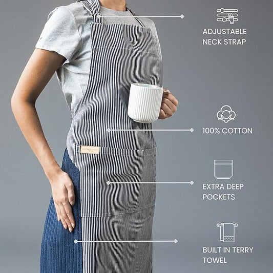 100% Cotton Kitchen Apron with 2 Pockets – Adjustable Chef Apron for Cooking Baking BBQ – Unisex Apron