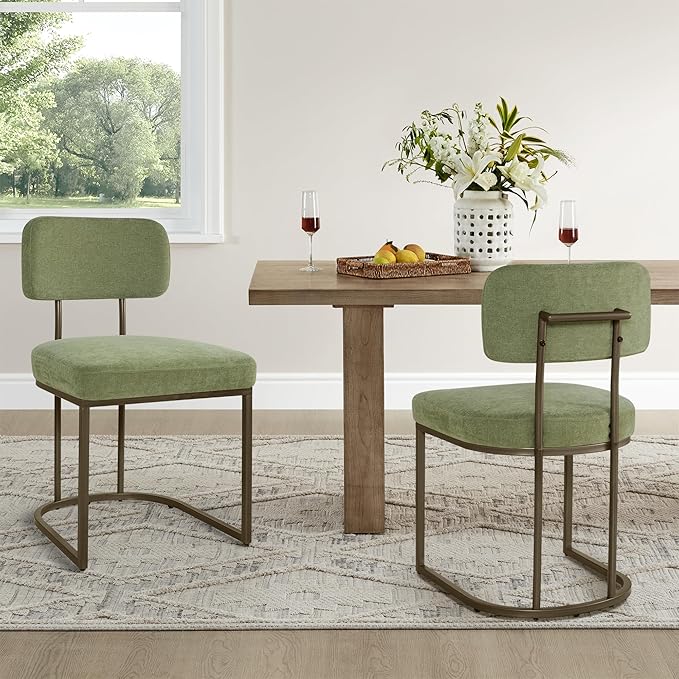 KISLOT Dining Chairs Set of 4, Upholstered Modern Kitchen Chairs with Ergonomic Backrest, Fabric Cushion Seat & Wire Drawing Metal Legs for Living Room, Restaurant, and CafΓ©, Olive, 2Boxs