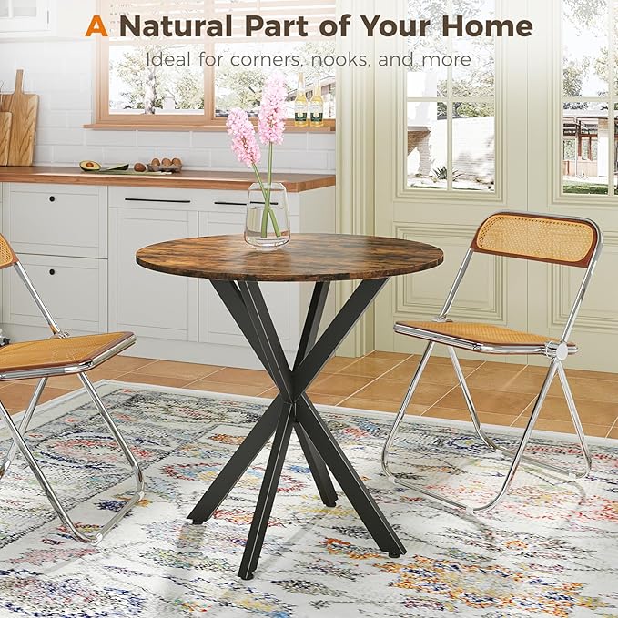 Unovivy 31.5" Small Round Dining Table for 2-4, Space Saving Circle Kitchen Dinner Table, Industrial Mid Century Modern Dining Room Desk for Kitchen, Apartment, Rustic Brown