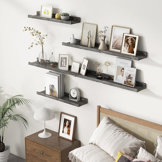 FLYJOE Picture Ledge Wall Shelves - 24 Inch Width Set of 3, Solid Pine Wood Rustic Floating Ledge Shelves for Kids' Room, Bedroom, Kitchen, Bathroom, Living Room, Nursery Display Wall Decor, Grey