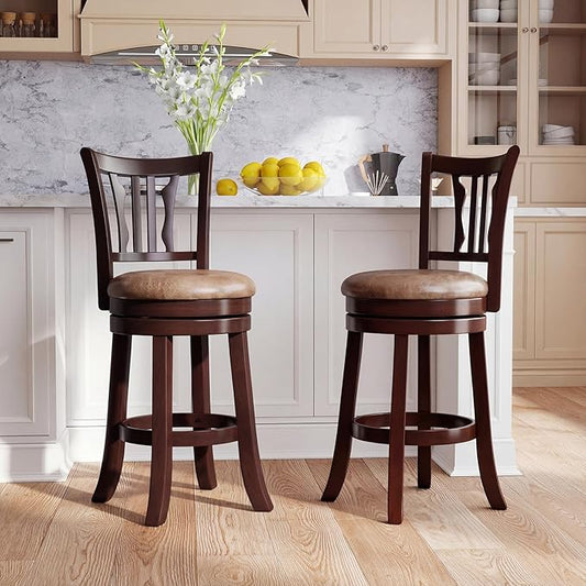 Giantex Swivel Bar Stools Set of 2, 26" Upholstered Counter Height Bar Chairs with Back, Faux Leather Seat, Solid Rubber Frame & Wrap-Around Footrest, Wooden Barstools for Kitchen Island, Pub