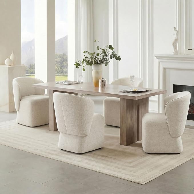 KISLOT Upholstered Dining Chairs with Wheels, No Assembly Stain Resistant Fabric Modern Barrel Armchair with Casters, Dining Room Chairs for Kitchen Living Room Bedroom, Linen, Set of 1
