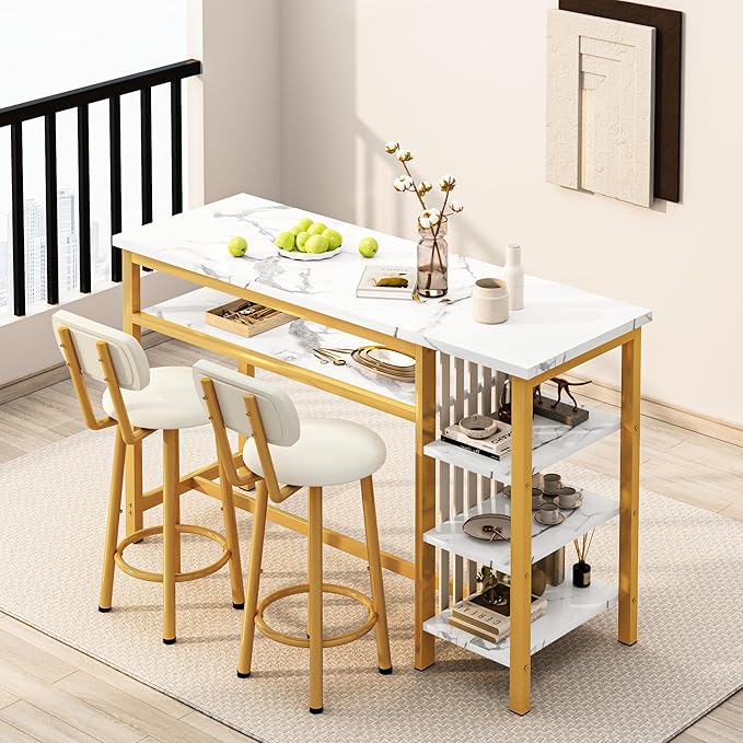 Lamerge Furniture Kitchen Bar Height Table and Chairs for 2, 5-Tier Compact Dining Room Table, White Faux Marble Top and 2 PU Leather Upholstered Seat, Modern Diningroom Set for Home/Studio/Office