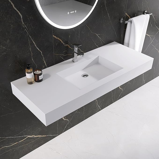 47" Wall Mount Sink Matte Bathroom Vanity Vessel Sinks Artificial Stone Rectanglee Indoor Outdoors Modern Floating or Countertop Freestanding Wall Hang Sink Bowl… (single Holes 47'')…