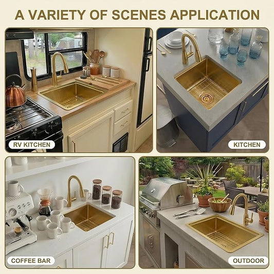 Kitsitchen Gold Bar Sink Undermount, 16 Guage Stainless Steel Workstation Sinks with Accessories, 15 Inch Small Kitchen Sink for RV, Outdoor, Wetbar, Pre-Bar