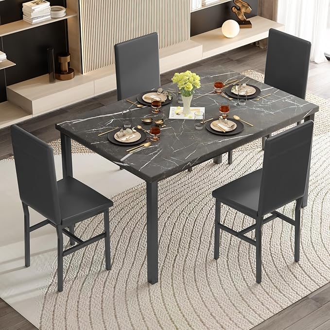 AWQM 5 Piece Dining Table Set for 4,Faux Marble Kitchen Table and Chairs for 4, Modern Dining Room Table with 4 Chairs,Dinner Table Set for Small Spaces, Black