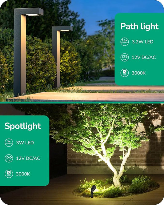 EDISHINE Low Voltage Landscape Lighting Kit, 3.2W LED Pathway Lights & 3.2W 240LM Spotlight, 12V Outdoor Path & Spot Lights with Connectors, Aluminum Waterproof for Walkway Yard Garden Path