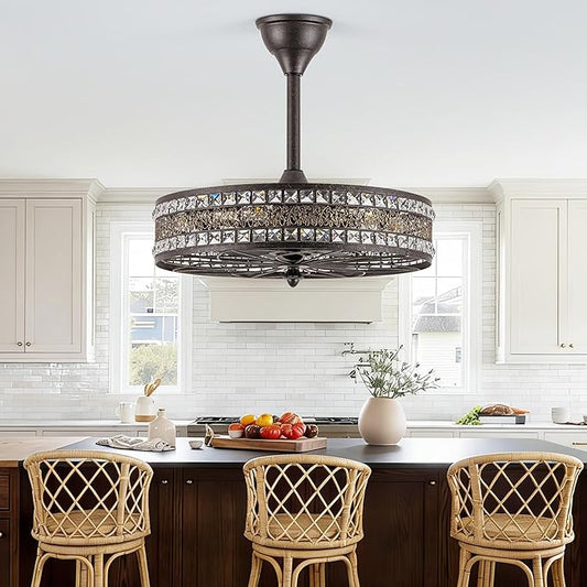 Vintage Chandelier Light Fixture 6-Light,Retro Antique Fandelier Ceiling Fan with Light, Decorative Traditional Crystal Bladeless Caged Enclosed Hanging Pendant for Bedroom, Dining Room, Living Room